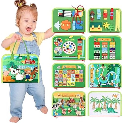 Toddler Busy Board, Montessori Toys for 3+ Year Old Boys Girls Birthday Gifts, Busy Book Sensory Board Learning Educational Activities for Toddlers 3+, Travel Toys for Airplane Car (Farm)