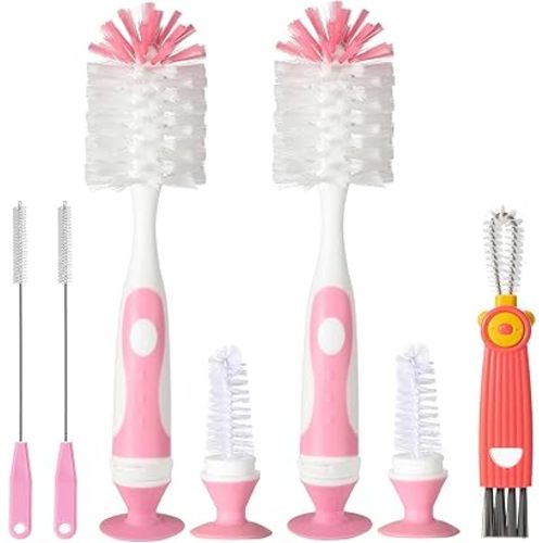 5 in 1 Baby Bottle Cleaner, Baby Bottle Brush Set, 2Pcs Bottle Brush with Stand, 2 Hidden Nipple Brush, 2 Straw Brush, 1 Lid Brush, Nylon Bottles Brush Cleaner for Baby Bottle, BPA-Free(Pink)