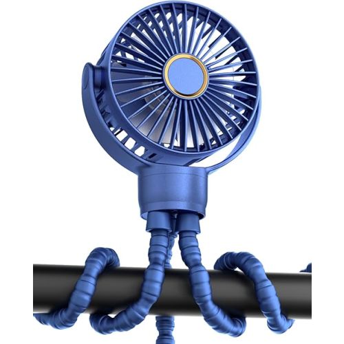 Portable Stroller Mini Fan, Small Rechargeable Personal Cooler w/ 360° Rotation, 3-Speed, Battery Powered Stroller Accessories, Baby Essentials for Car Seat, Crib, Bike, Treadmill, Denim