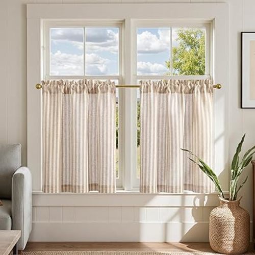 jinchan Striped Linen Kitchen Curtains Ticking Stripe Cafe Curtains for Living Room Bathroom Farmhouse Small Windows Rustic Rod Pocket Tiers 2 Panels 26" Wide x 24" Long, Beige