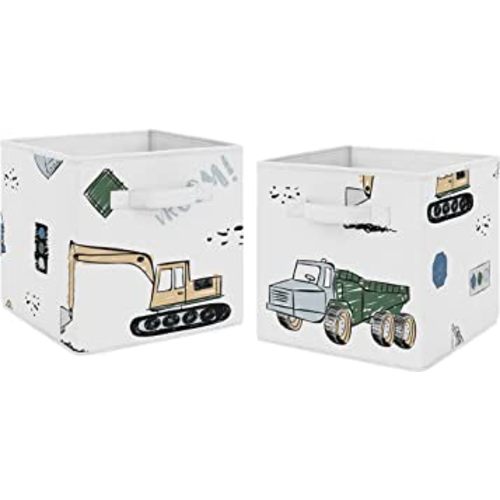 Sweet Jojo Designs Construction Truck Foldable Fabric Storage Cube Bins Boxes Organizer Toys Kids Baby Childrens - Set of 2 - Grey Yellow Black Blue and Green Transportation