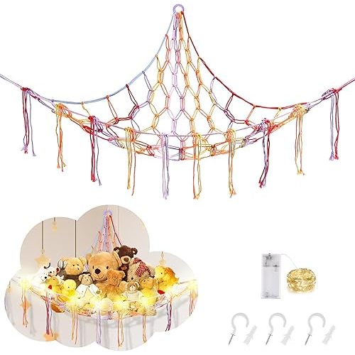 Stuffed Animal Hammock with LED Light, Toy Hammock for Stuffed Animals Storage for Kids, Stuffed Animal Hammock Corner, Rainbow