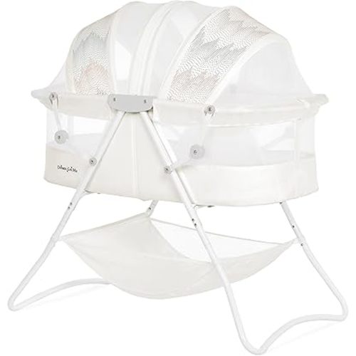Dream On Me Karley Bassinet in Dove White, Lightweight Portable Baby Bassinet, Quick Fold and Easy to Carry, Adjustable Double Canopy, Indoor and Outdoor Bassinet with Large Storage Basket.