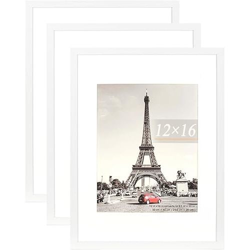 12x16 Picture Frame White 3 Pcs in 1 set 12x16 Frame can Display 8.5x11 inch Picture with Mat or 12x16 inch Picture Without Mat on the Wall