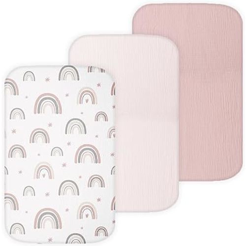 TansyPanda Muslin Bassinet Sheets for Bellababy, Fodoss, KoolerThings, Besrey, Koola Baby Bedside Sleeper, 3 Pack, 20×33 in, Ultra Soft, Breathable, Snug Fit, Unisex Boys and Girls, Pink Rainbow