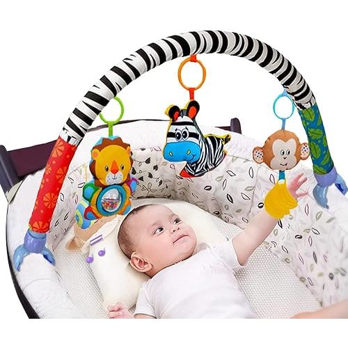 Adjustable Baby Travel Play Arch, Detachable Activity Musical Animal Toys Mobile for Bassinet Crib Stroller Pram Car Seat Mobiles Width Among 11.6-20.2 Inch with Rattles BB Squeaker Teether