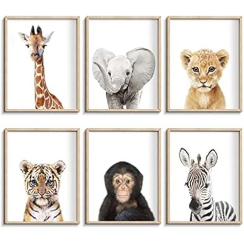 Set of 6 Baby Safari Nursery Wall Decor - Picture Cute Animal Wall Prints on Canvas, under 20 dollars gifts for Baby Boys and Girls Room, UNFRAMED Wall Art(12 x 16 inch)