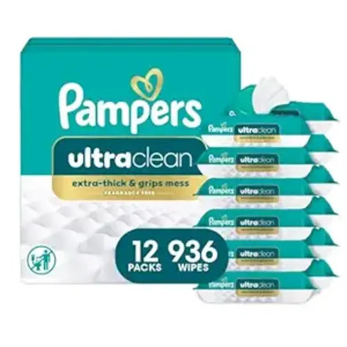 Pampers Ultraclean Baby Wipes (Previously 'Free & Gentle'), 99% Water, Hypoallergenic, Unscented, 100% Plant Based, Plastic-Free, 936 Wipes Total (12X Flip-Top Packs)