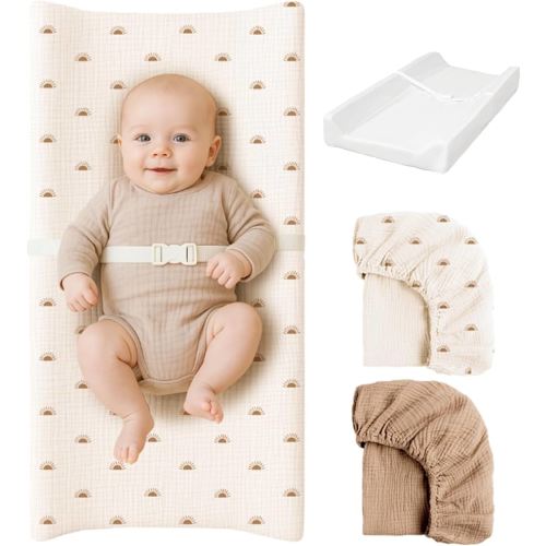 Konssy Muslin Changing Pad with Waterproof Lining Foam, Includes 2 Pack Soft & Cotton Cover, Baby Diaper Changing Pad for Dresser or Table, 32x16 inches (Sun,Camel)