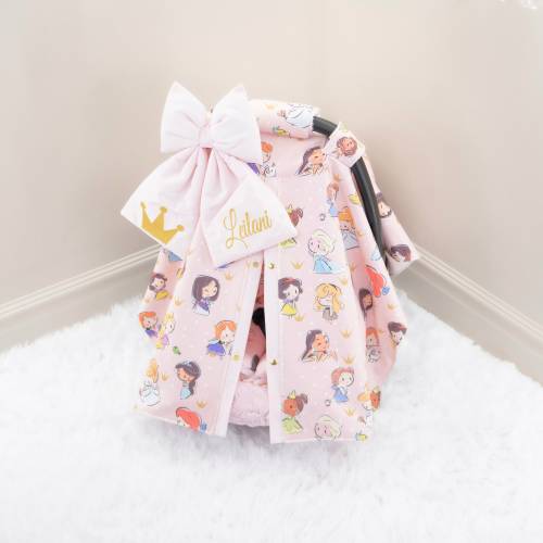 Disney Princess Baby Girl Car Seat Cover Canopy - Gold Personalized Bow Embroidery - Gift for Newborn Infant - Baby Shower Gift