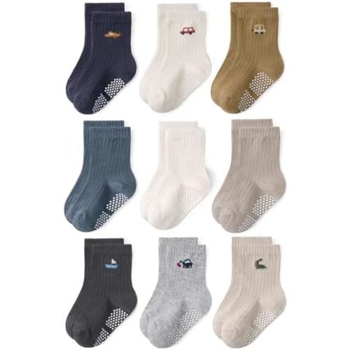 Toddler Non Slip Cotton Crew Socks with Anti-slip Dots for Infant Baby Boys Girls