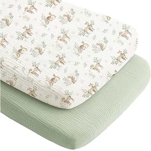 Konssy 2 Pack Muslin Bassinet Sheets for Boys, Girls, 100% Cotton Soft Breathable Fitted Bassinet Mattress Sheet, 33 x 21 inches (Woodland,Sage)