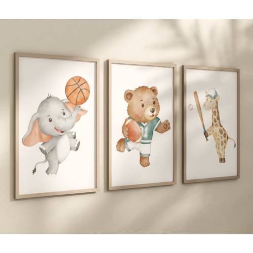 Sports Nursery Art, Animal Sports, Baby animal sports, Boy Sports Nursery, Basketball, Football, Baseball Nursery, Animals Nursery Wall Art