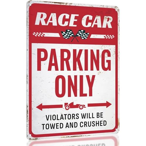 Race Car Parking Only Sign – Race Car Room Decor for Boys, 11x8.3" Aluminum Wall Decor by Opix Design, Race Car Room Decor for Boys, Toddler Bedroom, Man Cave, or Car-Themed Room