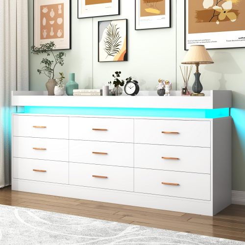 ChVans White Dresser with LED Light, Modern Wood Dresser with Wide Drawers and Metal Handles, 9 drawer dresser for Bedroom, Living Room, Entryway, Hallway(White)