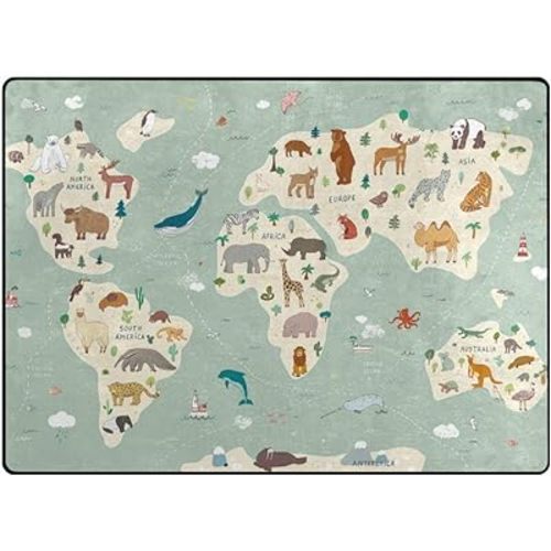 Vantaso Soft Foam Nursery Rugs World Map Animals Non Slip Play Mats for Kids Boys Girls Playing Room Living Room 63 x 48 inch
