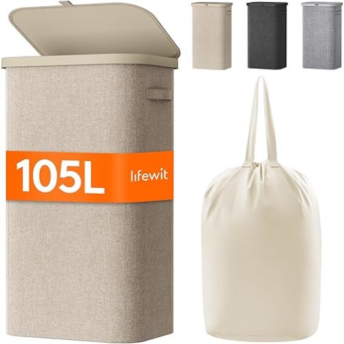 Lifewit 105L Laundry Basket with Lid, Large Laundry Hamper with Plastic Handles and Removable Bag, Foldable Tall Dirty Clothes Hampers for Laundry for Laundry Room, Bedroom, Bathroom, Dorm, Beige