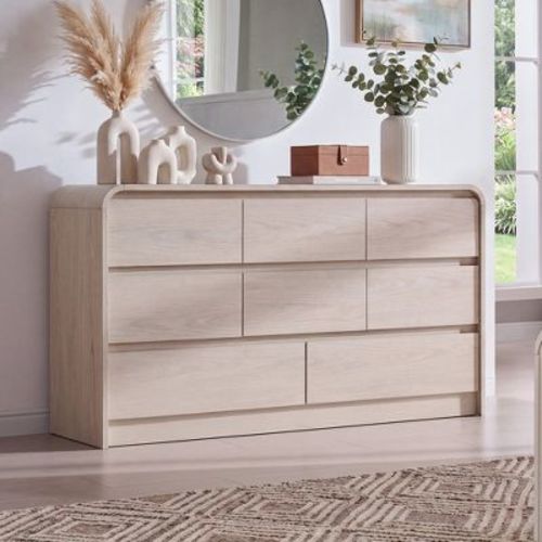 SinCiDo Modern 8 Drawer Dresser, Curved Profile Design, 55" Wide Mid Century Wood Storage Organizer for Bedroom, Living Room, Cream