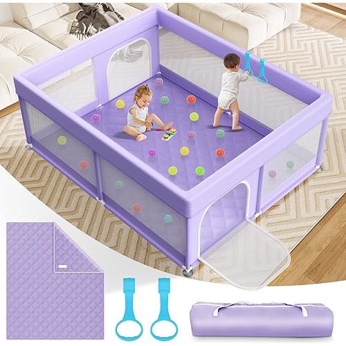 Baby Playpen with Mat 79x71Inch: Extra Large Play Pens for Babies and Toddlers Indoor Safety Baby Fence with Soft Breathable Mesh - All-Wrapped Sponge Sturdy Play Yard with Handle & Bag Purple