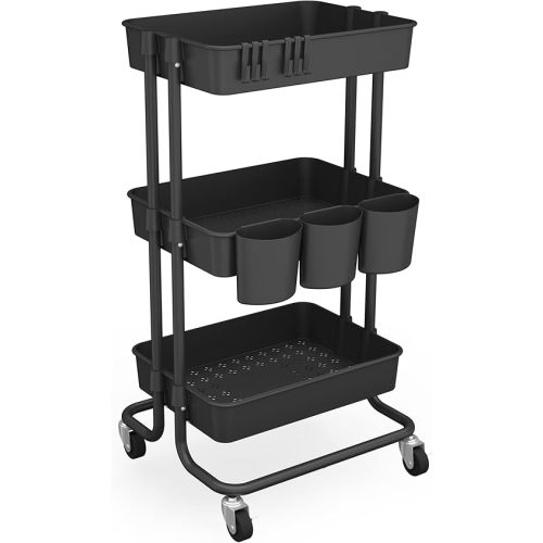 CAXXA 3-Tier Rolling Storage Organizer with 3 Small Baskets - Mobile Utility Cart with Caster Wheels (Black)