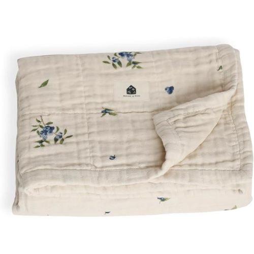100% Organic Cotton Muslin Baby Blanket, Crib Bedding for Newborn Baby and Toddler, 4 Layers, Nursery Blanket for Boys and Girls, Baby Registry and Shower Gift - Blueberry. - Bluberry - Floral
