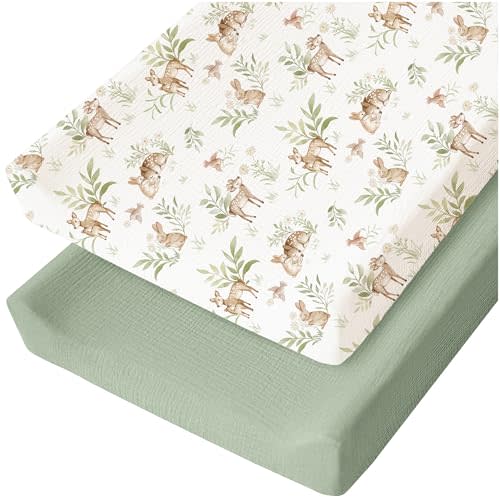Konssy 2 Pack Muslin Changing Pad Cover for Baby Girls Boys 100% Cotton Fitted Diaper Changing Table Cover Set, Soft Changing Pad Sheets (Woodland,Sage)