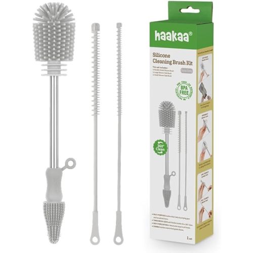 Haakaa Silicone Cleaning Brush Kit – Household Cleaning Brushes for Bottles and Crevices – Food-Grade Silicone: Dishwasher Safe (Kit-Grey)
