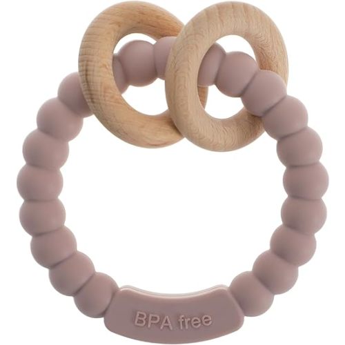 Baby Teether, One Piece Design Silicone & Beech Teething Ring Toy for Babies, BPA Free (Dusty Lilac)