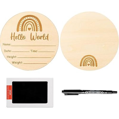 R HORSE Baby Birth Announcement Sign with Marker Pen, Boho Rainbow Baby Name Sign with Ink Pad for Hand and Footprints, Wooden Hello World Newborn Announcement Nursery Decor Keepsake Gifts