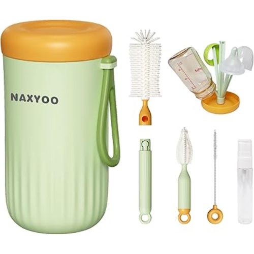 Travel Baby Bottle Brush Set with Build-in Drying Rack - Portable Silicone Bottle Cleaner Kit for Bottle, Nipple, Straw Cleaning, Baby Essential for Home, Travel Use - Green