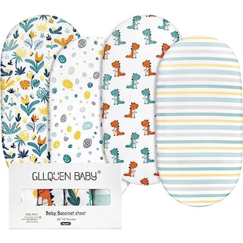 Gllquen Baby Bassinet Sheets 4 Pack, Breathable Cozy Fitted Mattress Sheet, Elastic Travel Crib Fashionable Floral Pattern, Standard Cradle Safe Sheets for Baby Boy Girls 32"X16"(Dinosaur)