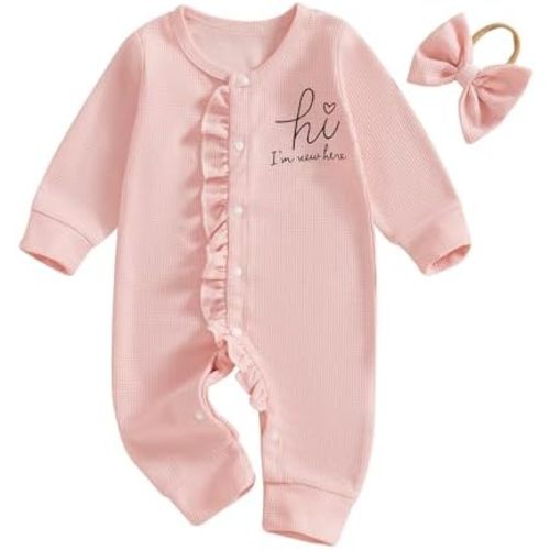 Douhoow Newborn Baby Girl Clothes Letters Baby Jumpsuit Romper Waffle Full Length Baby Romper Fall Winter Festival Outfits