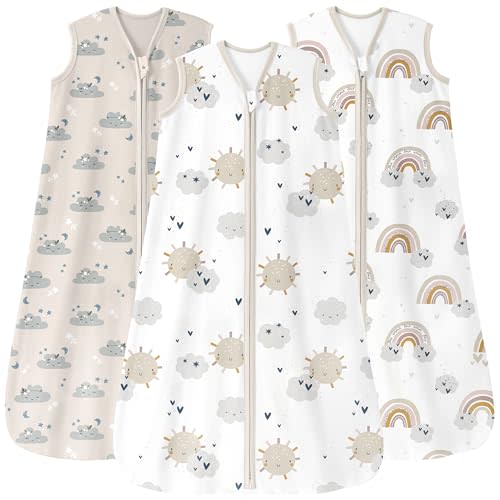 Unnivoll Baby Sleep Sack 12-18 Months 0.5 Tog Wearable Blanket Baby, 3 Pack 100% Cotton Lightweight Sleeping Sack with 2-Way Zipper for Infant Toddler Apricot White Sun Clouds
