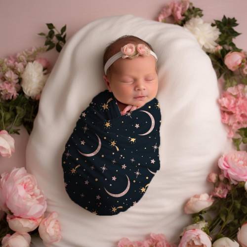 Baby Girl Pink Moons & Stars Swaddle Set, Celestial Headband Bow / Knot Hat, Cosmic Navy Newborn Outfit, Galaxy Shower Gift, Witchy Nursery
