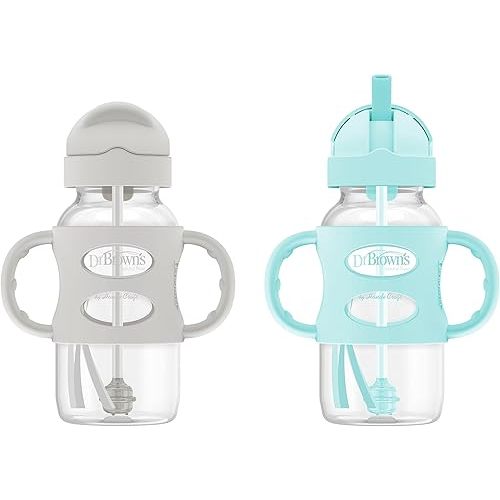Dr. Brown's Milestones Wide-Neck Sippy Straw Bottle with 100% Silicone Handles and Weighted Straw, 9 oz/270 mL, Gray & Green, 6m+