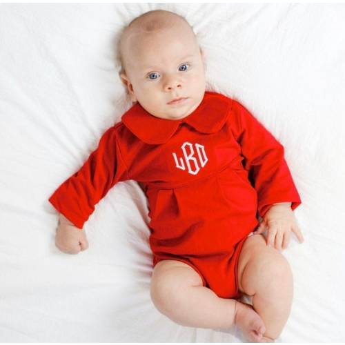 Baby Christmas Outfit, Monogrammed Christmas Bubble, Photo Outfit, Long Sleeve Bubble, Pima Cotton, Baby Boy Collar Outfit, Red Pleated - Etsy