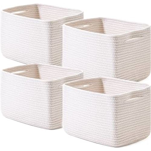Storage Baskets for Organizing, Woven Baskets for Storage, Cube Storage Bin for Shelves, Cotton Rope Basket with Handles, 13" Lx9.1W x7.9H, (4 pack) White