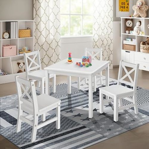 eHemco Solid Hard Wood Kids Table and Chair Set (4 Chairs Included), White, 5 Piece Set