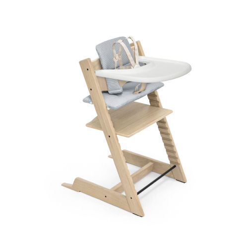 Stokke Tripp Trapp Wood High Chair with Tray: Natural Oak + Nordic Blue Cushion