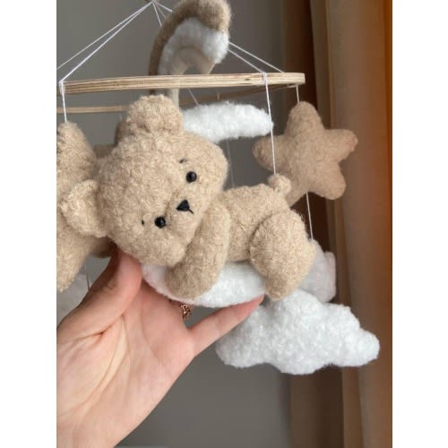 Handmade Teddy Bear Baby Mobile – Neutral Nursery Decor, Plush Crib Mobile with Stars and Clouds, New Baby Gift, Gender Neutral Mobile