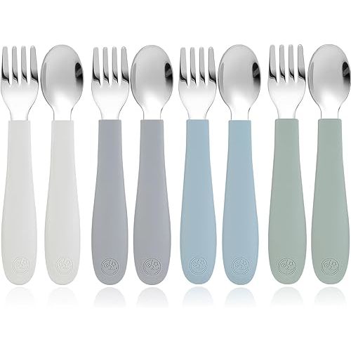 CoixFoam 8 Pieces Toddler Utensils, Toddler Safe Silverware Set With Food Grade Silicone Hanlde, 18/8 Stainless Steel, Perfect Length For New Self Feeders, Dishwasher Safe