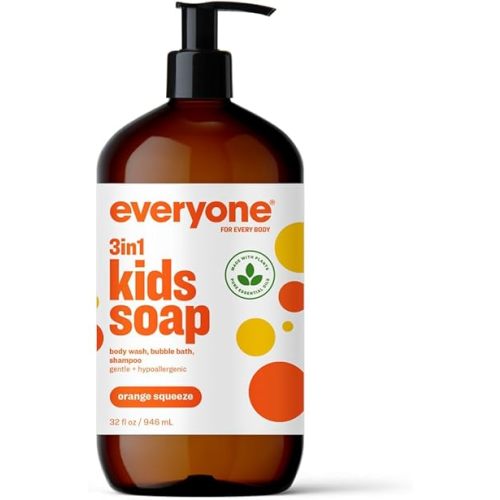 Everyone 3-in-1 Kids Soap, Body Wash, Bubble Bath, Shampoo, 32 Ounce (Pack of 1), Orange Squeeze, Coconut Cleanser with Plant Extracts and Pure Essential Oils