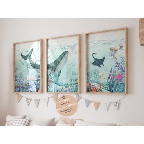 Ocean nursery, Under the sea nursery prints, Nautical nursery, Ocean animal posters, Sea animal wall art, whale print, Ocean theme nursery