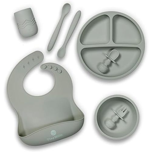 Silicone Baby Feeding Set, Baby Led Weaning Supplies - Suction Plate and Bowl, Self Feeding Spoon and Fork, 2 Bendable Spoons, Tiny Cup, Bib, First Stage Eating Utensils, Baby Dishes