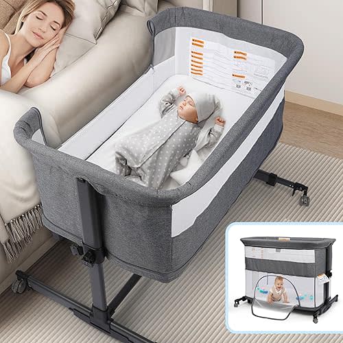 Xilingol 5 in 1 Baby Bassinet Bedside Sleeper, Portable Pack and Play with Carrying Bag, Playpen and Rocking Cradle, Easy Folding Crib for Newborn Baby, Grey