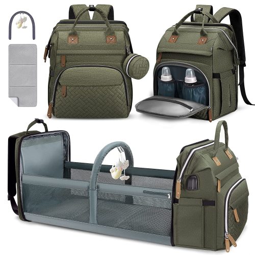 Baby Bag Backpack, Diaper Changing Station,Waterproof Changing Pad, USB Charging Port, Pacifier Case,Army Green Color
