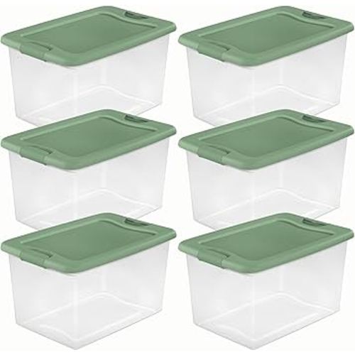 Sterilite 64 Quart Latching Hinged See-Through Plastic Stacking Storage Container Tote with Recessed Lids for Home Organization, Crisp Green (6 Pack)