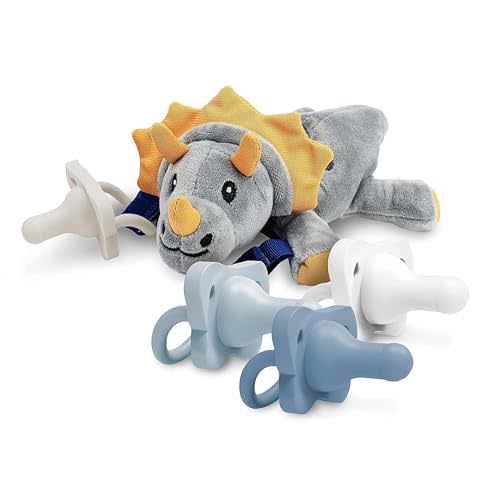 Dr. Brown’s HappyPaci 100% Silicone Baby Pacifier 0-6m, BPA Free 4-Pack with Lovey Soft Plush Animal Teether Holder, Triceratops