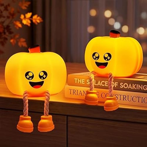BrizLabs Silicone Night Light, 2 Pack Cute LED Dimmable Pumpkin Night Light, Rechargeable Star-Eyed Pumpkin Bedside Touch Lamp, Funny Office Desk Halloween Decor for Baby Nursery Kids Toddler Women
