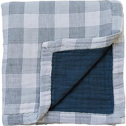 Mebie Baby Quilt, Coastal Plaid and Navy, 100% Cotton Muslin Baby Blanket for Girls and Boys, Newborns to Toddler, Soft Swaddle Blanket, 47"x47"